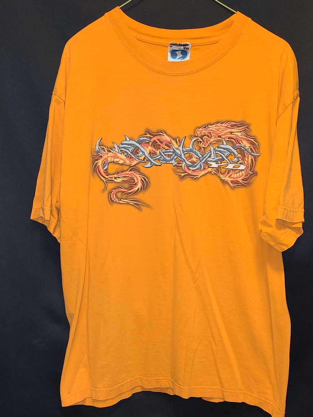 Y2k SILVER STRAND Orange Graphic Men's T-Shirt with Flame DRAGON Design